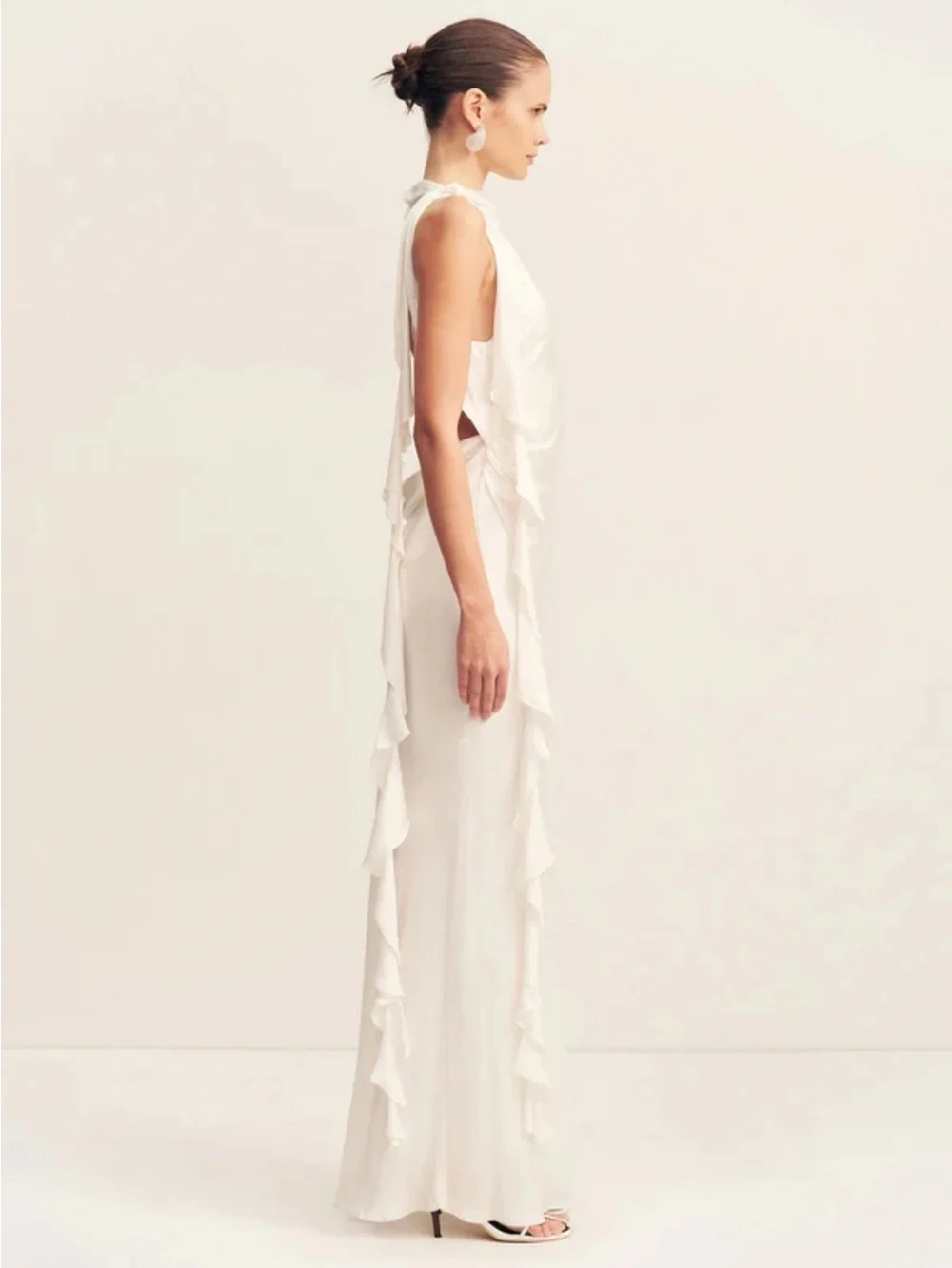 Shona Joy White Sleeveless Gown with Side Ruffle